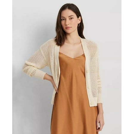 Lauren Ralph Lauren Women's Linen-Blend Rib-Knit Cropped Cardigan Sweater Small