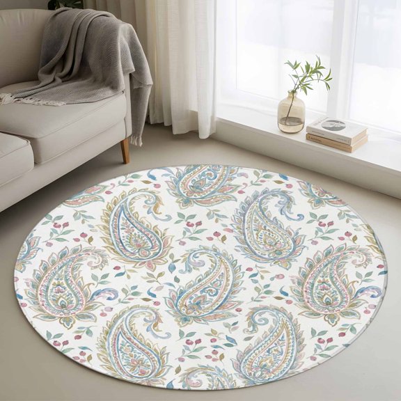 Round Rugs 4Ft, Paisley Flower Round Area Rug Washable Indoor Throw Carpet, Spring Watercolor Modern Floral Leaf Plant Soft Non Slip Circle Rug for Kitchen Nursery Room Home Decor Aesthetic