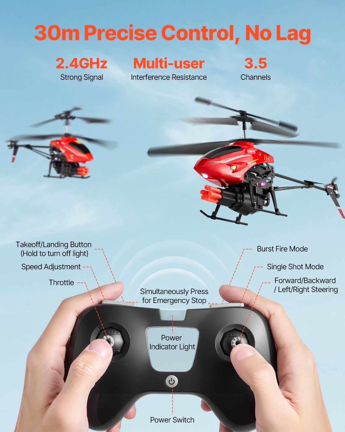 VEVOR RC Helicopter, 2.4GHz Flying Remote Control Helicopter with Shooting Mode, 3.5 Channel RC Airplane for Kid, Altitude Hold, One-Key Takeoff/Landing & LED Lights, Toys for Kids Ages 14 and up