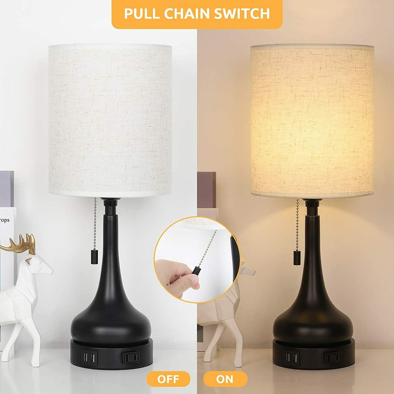 Set of 2 Bedside Lamps w/2 USB Ports, Pull Chain Switch for Bedroom, Living Room