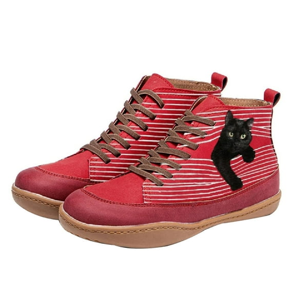 Tejiojio Clearance Women's Comfortable Booties Cat Print Leather Flat Heel Boots Retro Shoes