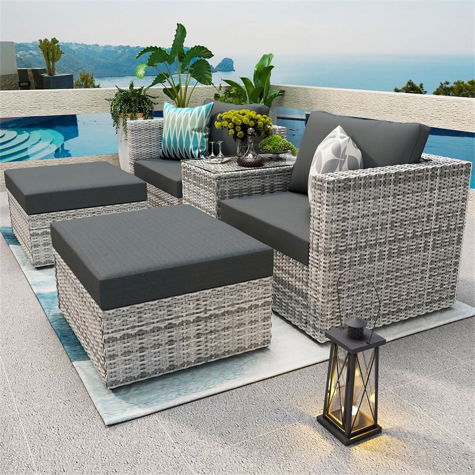 5 Pieces Outdoor Patio Sectional Sofa Set, Gray Rattan and Cushion with Weather Protecting Cover, Patio Sofa Sets with 2 Rattan Chairs, 2 Pieces Patio Rattan Ottomans and Coffee Table - image 2 of 7