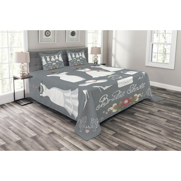 Ambesonne Dark Grey Quilted Bedspread Set 3 Pcs, Fashion Wedding Dress, King Size, Charcoal Grey White