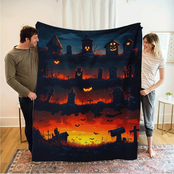 1pc Spooky Halloween Graveyard Night Scene Blanket - Soft Flannel All-Season Throw with Jack-O'-Lanterns, Bats & Tombstones Print for Couch, Bed, Camping, Travel - Cozy Gift for Adults &, Haunted Hou