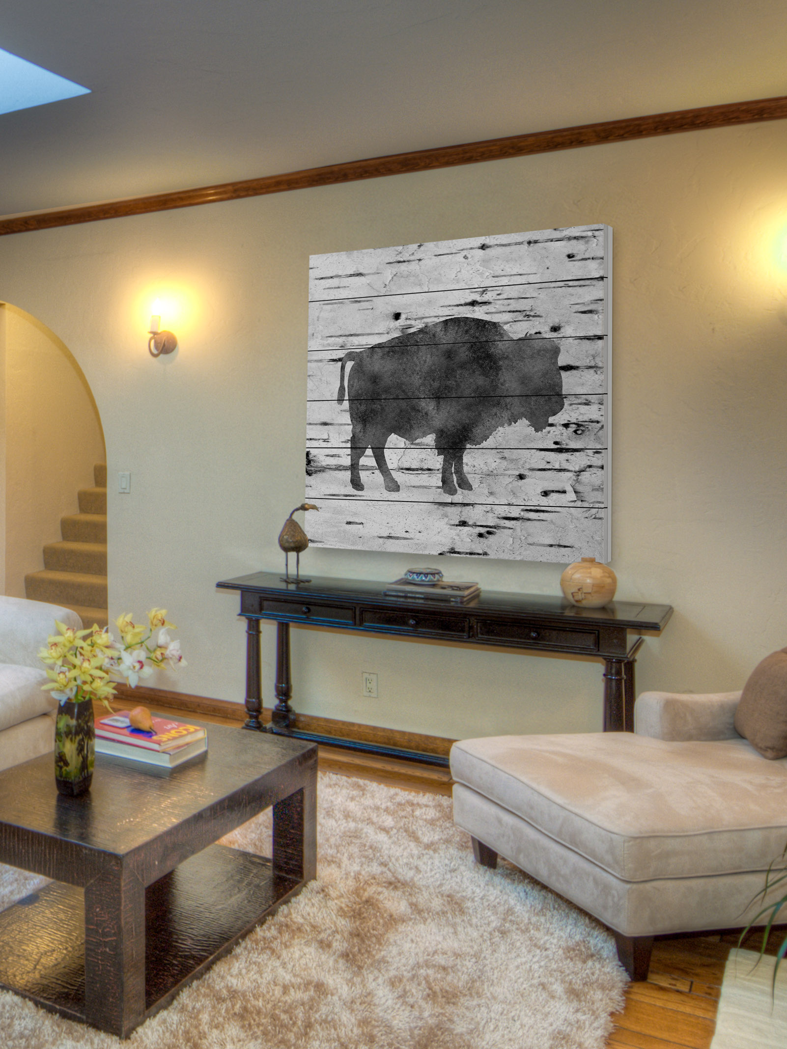 "Bison Birch Bark" Painting Print on White Wood