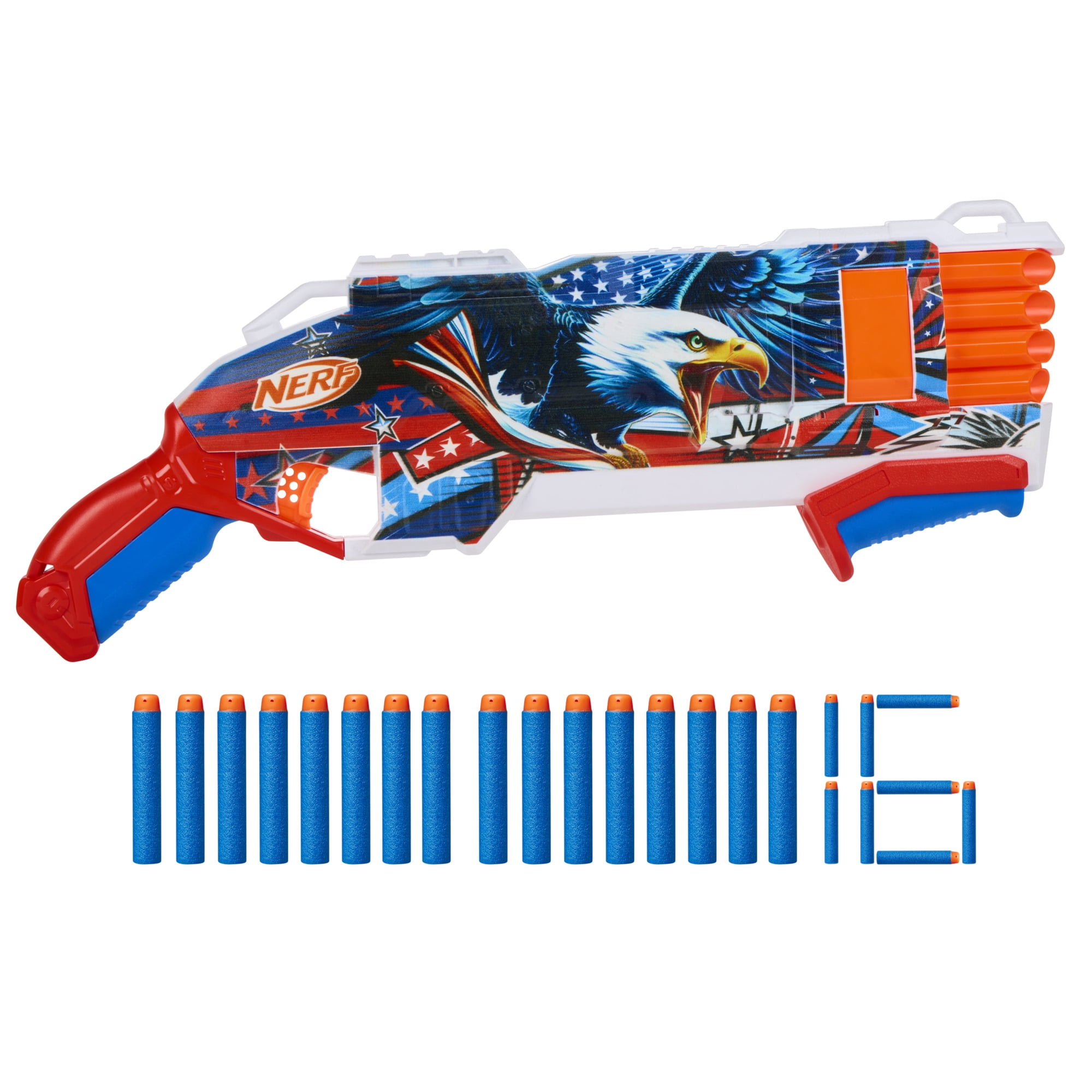 Nerf Elite Stars & Stripes Eagle Red, White & Blue Blaster, 16 Nerf Elite Foam Darts, Outdoor Summer Toys, Backyard & Beach Fun, 8+