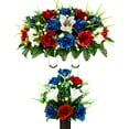 thumbnail image 1 of Sympathy Silks Artificial Cemetery Flowers Red & Blue Rose with White Amaryllis bouquet with cemetery saddle, 1 of 6