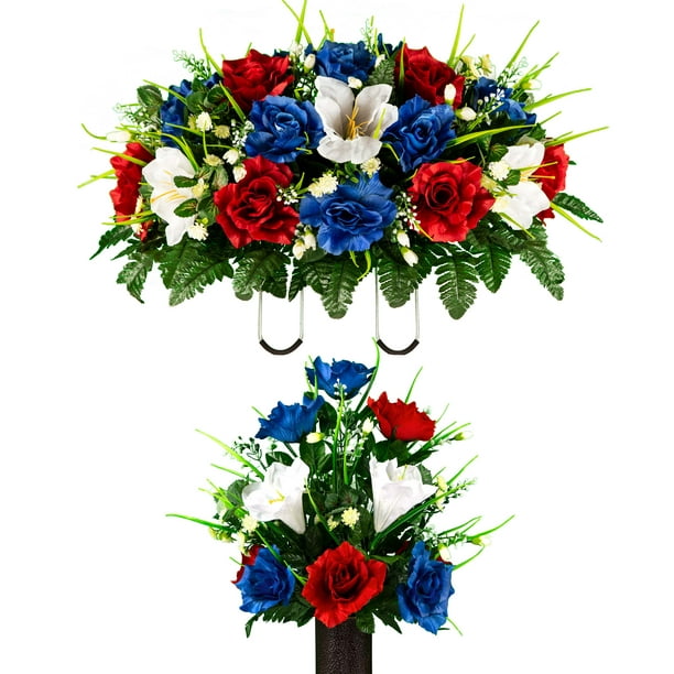Sympathy Silks Artificial Cemetery Flowers Red Blue Rose With White Amaryllis Bouquet With Saddle Walmart Com Walmart Com
