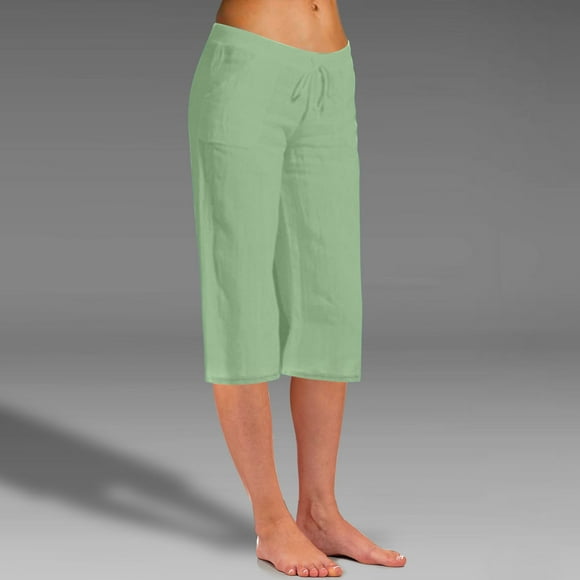 Jsaierl Womens Linen Capri Pants Summer High Waist Capri Shorts Petite Straight Leg Drawstring Skimmers Beach Solid Color Athletic Capris Womens Plus Size Capris