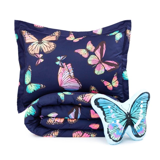 Justice Papillon Ensemble de Douillette Réversible 3 Pièces pour Lit 1 ou 2 Places avec Oreiller Décoratif