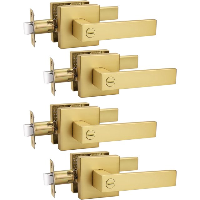 No Lock Passage Brushed Gold Door Lever Reversible Door Handle Without Locking for Right/Left Handed Door Heavy Duty Square Lever Set for Interior/Exterior Use