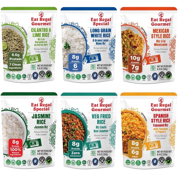 Eat Regal Rice Variety Pack- 1x Jasmine, Long Grain, Cilantro Lime, Veg Fried and 2x Spanish & Mexican Rice, Microwave in 1.5 Minutes, 8.8oz, Pack of 8