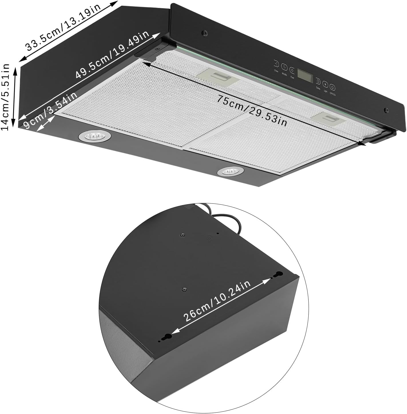Range Hood 30 In 350 CFM Under Cabinet Range Hood 3 Air Speeds 2200 RPM Vent Hood with LED Lights, Upward/Sideways Venting Range Hoods for Kitchens Restaurants Hotels