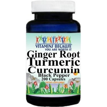 Ginger Root Turmeric Curcumin Black Pepper 200 Capsules by Vitamins Because