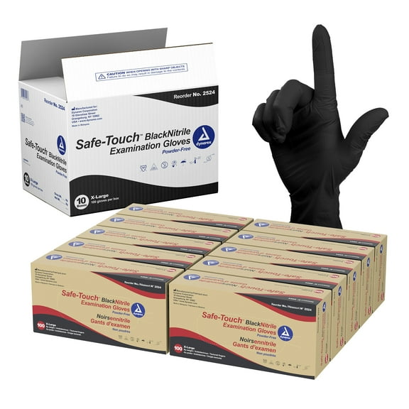 Dynarex Safe Touch Black Disposable Nitrile Exam Gloves, Powder-Free, Ideal for Healthcare & Medical Settings, Law Enforcement, Tattoo, Salon & Spa, Size Extra Large, 1 Case of 1,000 Nitrile Gloves