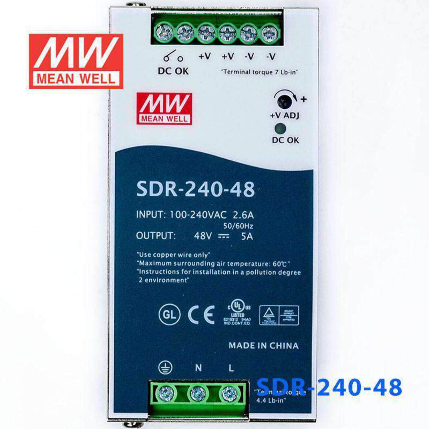 Mean Well SDR-240-48 Single Output Industrial Power Supply 240W 48V - DIN Rail