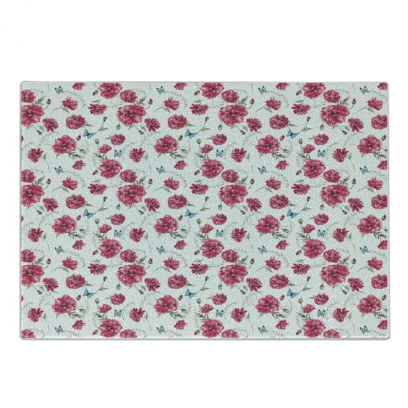 Butterfly Cutting Board, Mothers Day Spring Themed Blossoming Nature Image Poppy Flowers Print, Decorative Tempered Glass Cutting and Serving Board, Small Size, Pink Reseda Green Blue, by Ambesonne