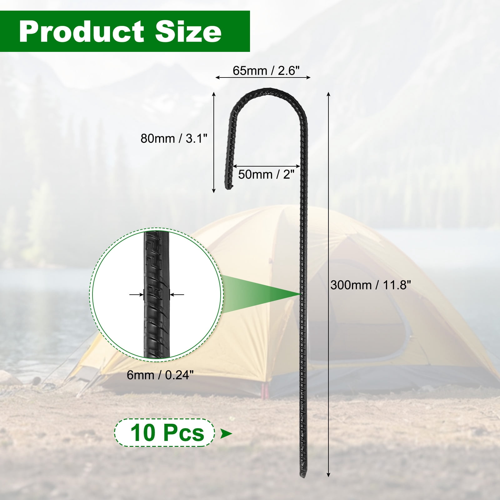 10 Pack Ground Stakes Heavy Duty J Shaped Stakes, 12 Inch Steel Tent Pegs 0.24" Dia J Hook Ground Anchors Link Fence Spikes with Chisel Point End for Garden Camping Gazebo, Black