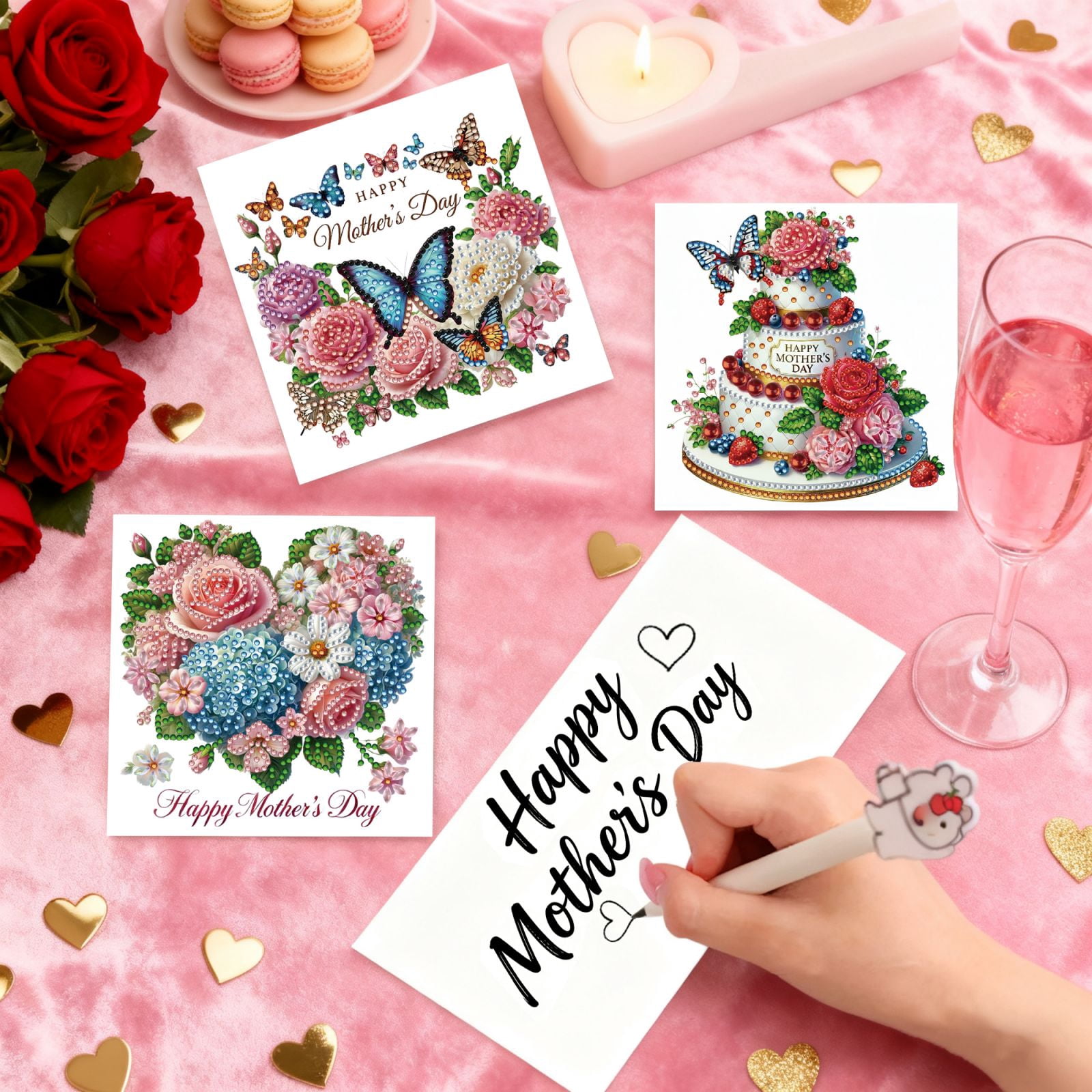 FLOPESN DIY Mother's Day Diamond Art Greeting Card Kit with White Envelope, 5.91X11.81in Flowers Theme, Creative Design Blessing Gift Folding Card Set