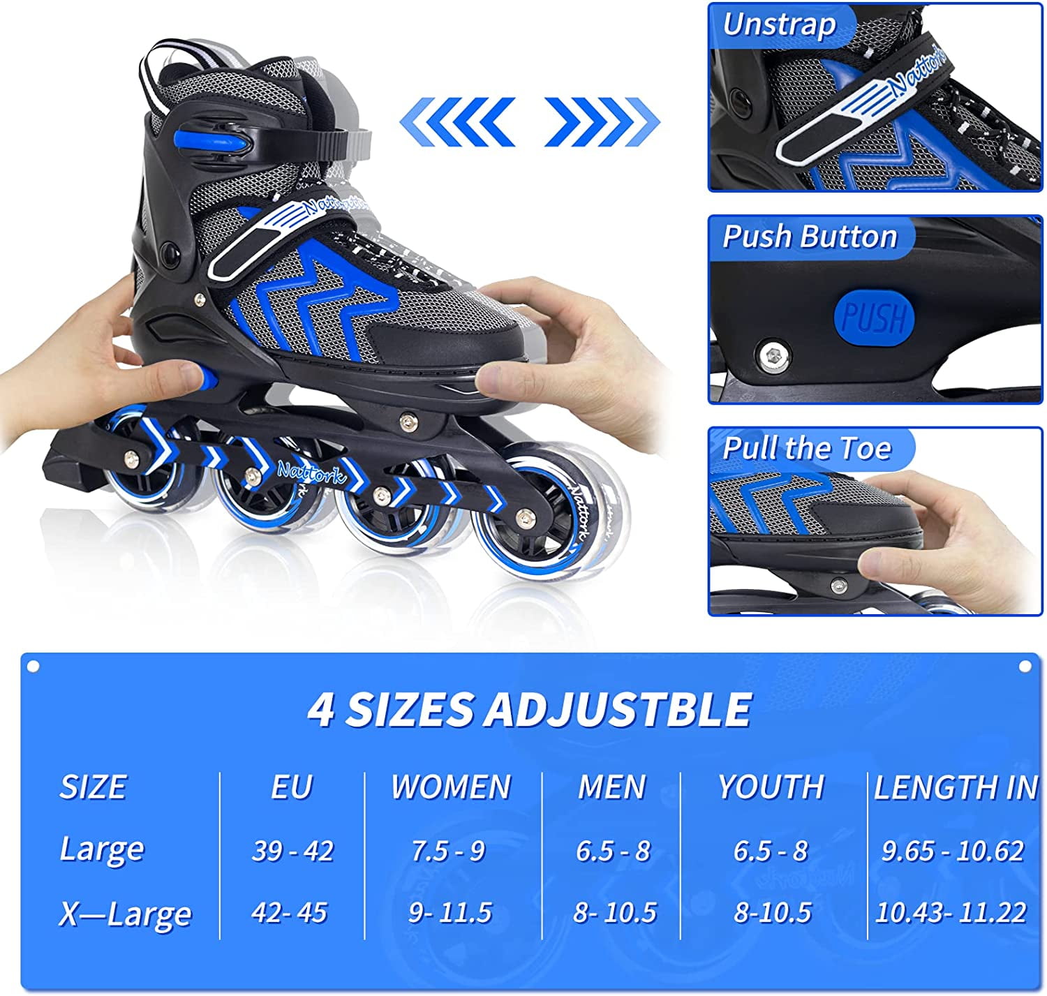 SubSun Inline Skates for Adults Men Women Adjustable Aggressive Durable Roller Blades with Giant Wheels Blue S