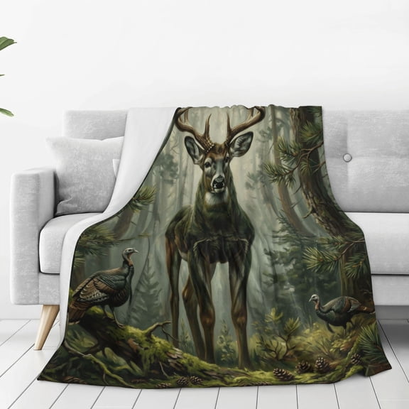 Hunting Throw Blanket, Flannel Blanket with Rustic Deer Forest Scene for Home Lounging and Couch Bed 50x40