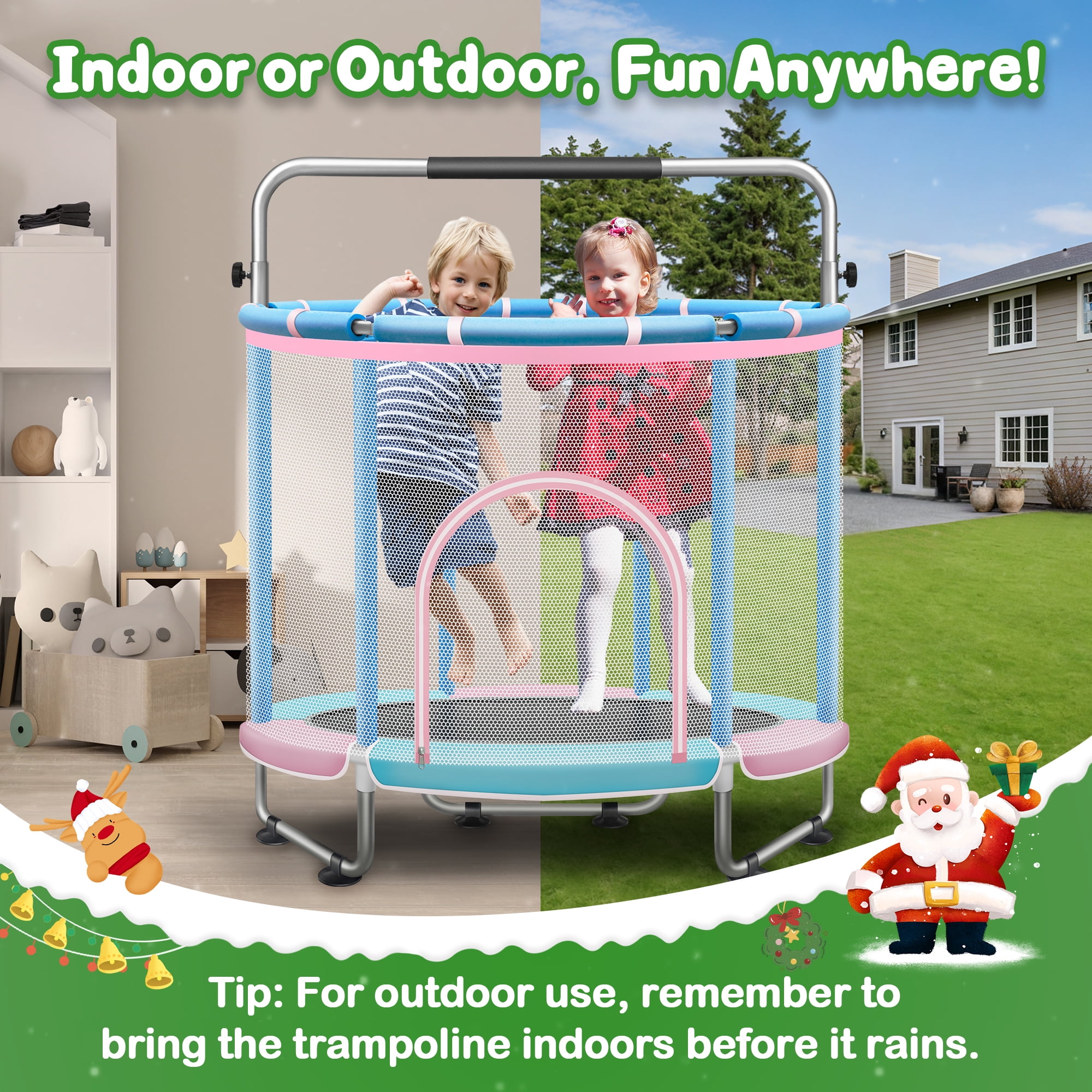 SERAY 55-65" Kids Trampoline with Safety Enclosure & Mini Balls, Indoor/Outdoor Fun for Toddlers, Durable, Quiet, and Safe Bouncing Toy for Boys and Girls