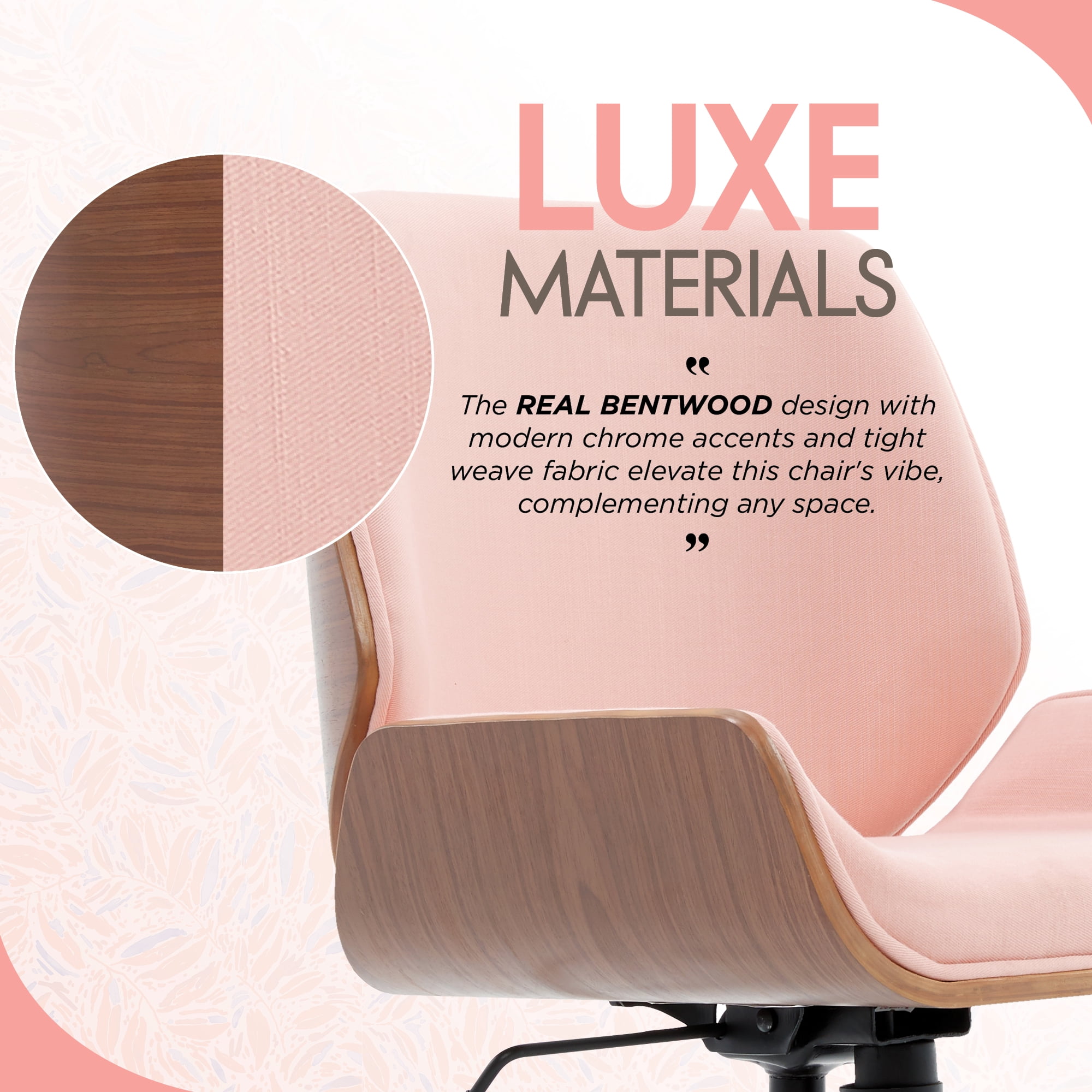 Elle Decor Ophelia Office Chair, Curved Bentwood Low-Back and Seat, Chrome Swivel Base, Woven Fabric, Blush Pink
