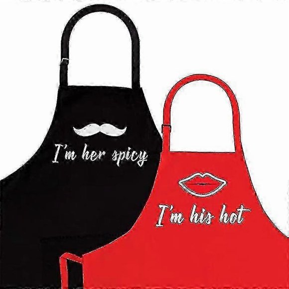 Couple's Apron Polyester Hanging Neck Adjustable Milk Tea Coffee Shop Restaurant Waiter Work Apron Black Red Two-piece Set - yal