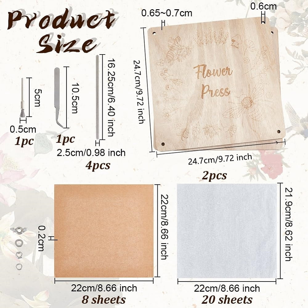 Flower Press Kits including Wood Sheet Craft Papers Tracing Paper Tweezers Polishing Brush Pens Bees 16.2~24.7x2.5~24.7x0.65~1.2cm 1 set