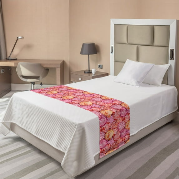Floral Bed Runner, Dreamy Illustration of High Detailed Romantic Pink Roses Garden Art, Decorative Accent Bedding Scarf for Hotels Homes and Guestrooms, Twin, Raspberry and Multicolor, by Ambesonne