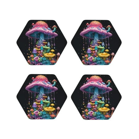 

Leather Coasters Set of 4 - Colorful Mushroom Lightweight Non-Slip Drink Coasters for Desk Anti-Scalding Desk Cup Coasters for Office Table Decor Hexagon