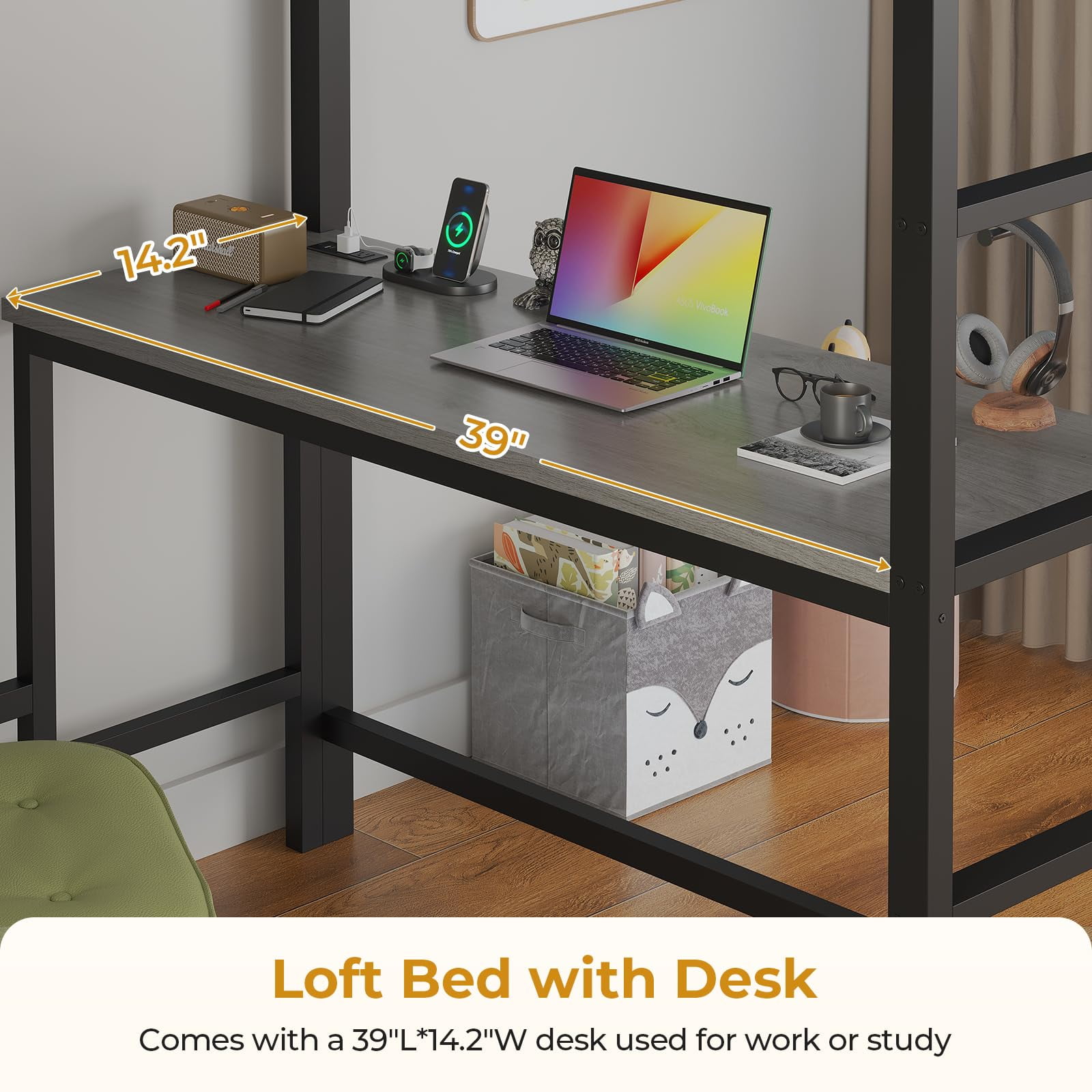 Afuhokles Twin Size Loft Bed with Desk and 8 Storage Drawers and Charging Station, Metal Loft Bed Twin with LED Lights, Storage Shelves, Gray