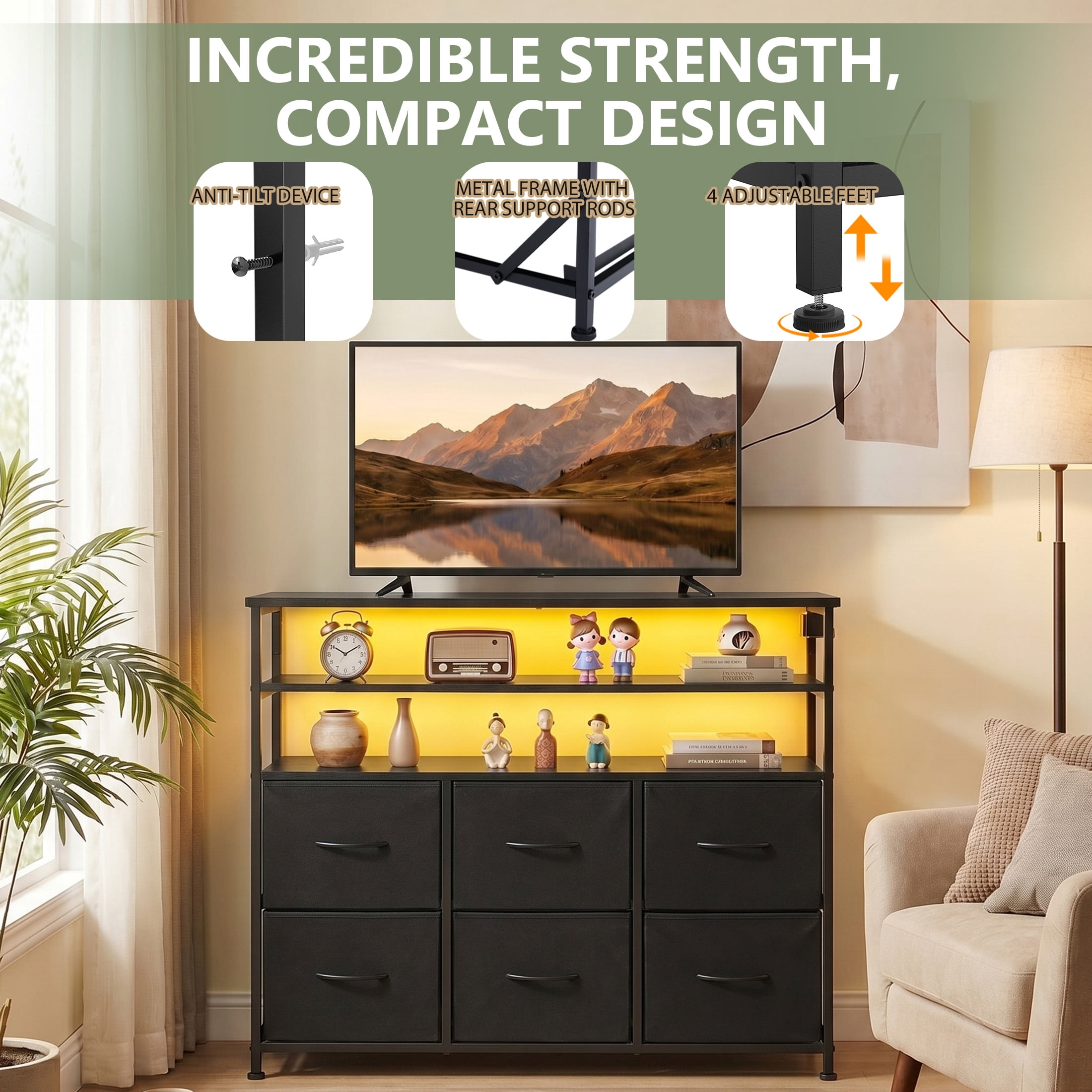 CONCETTA 45 inch TV Stand, 6-Drawer Fabric Dresser with LED Lights and Charging Station, Entertainment Center for Bedroom Living Room Hallway, Black