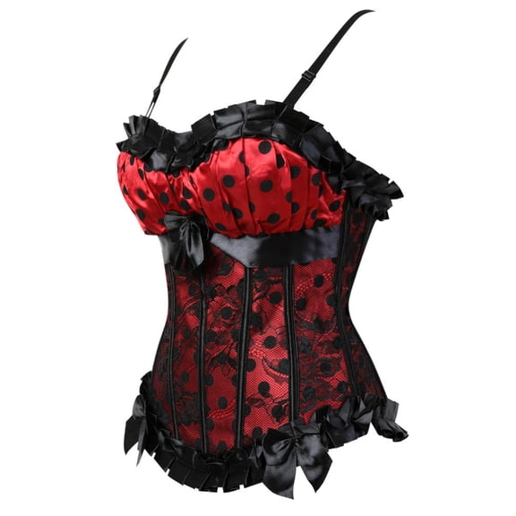 Women Gothic Polka Dot Lace Up Boned Dancing Corset Bustiers Top Red XXS