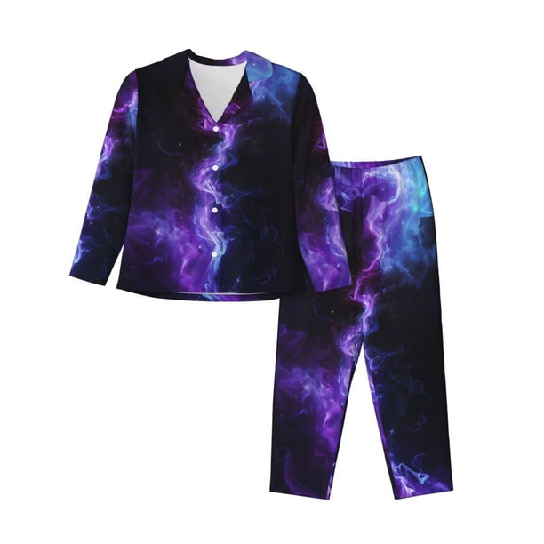 Balery Purple And Blue Nebula Conjunto de Pijama con Estampado para Mujer, Conjunto de Dos Piezas con Manga Larga, Ropa de Dormir Suave con Bolsillos, Pijamas Cómodos-Large
