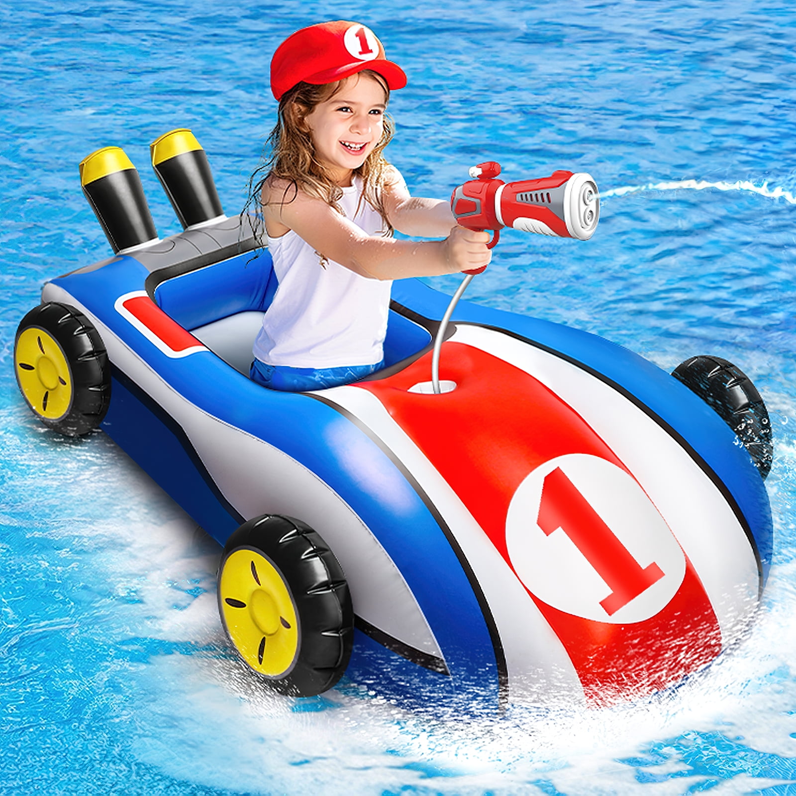 Hot Bee Inflatable Ride-on Pool Floats with Water Gun for Kids, Car Swimming Toys, Summer Outdoor Pool Game Toys for Ages 3-8, Toddler Pool Float Boys Girls 3 4 5 6+