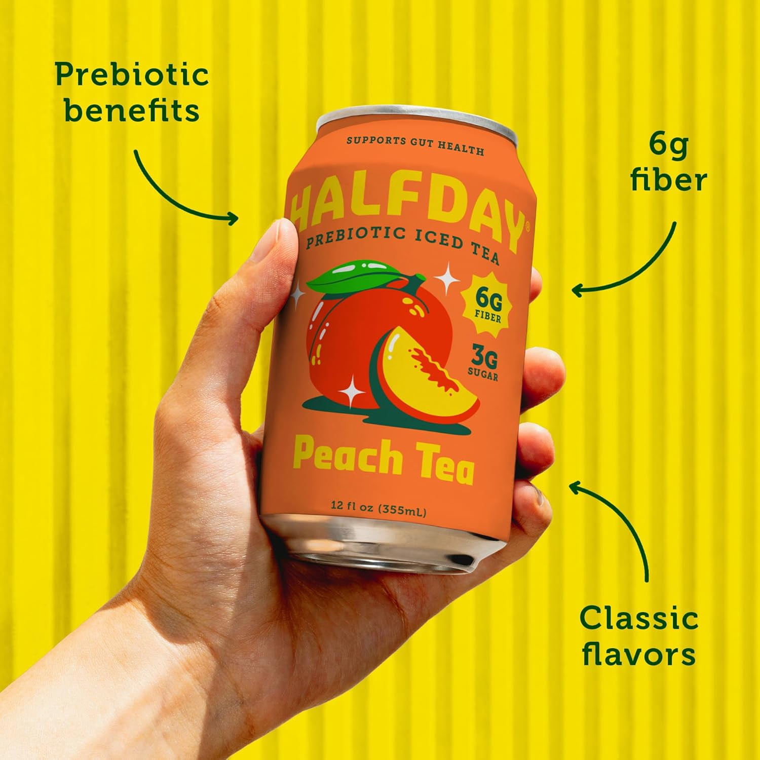 Halfday Prebiotic Peach Iced Tea Drink, 6g Fiber, 12 fl oz Single Can
