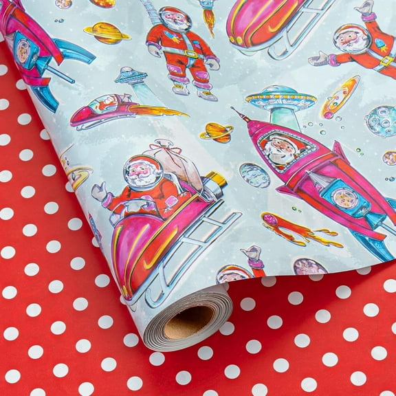 Christmas Reversible Wrapping Paper Roll for Kids - Santa on Rockets & Polka Dot, Space Theme Gift Wrap for Christmas, New Year Celebration, Holiday, Party - Mini Roll - 17 Inch x 33 Feet