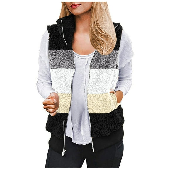 Virmaxy Womens Winter Sherpa Fleece Vest Color Block Fuzzy Fleece Coat Sleeveless Full Zip up Mock Neck Plush Jacket Warm Winter Coat Outerwear Black-B M