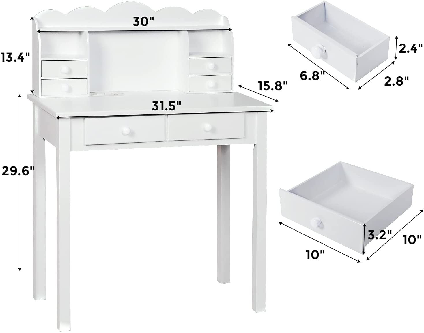 Writing Desk with Hutch and USB Ports, 31.5 in Home Office Desk with Drawers, Study Table for Kids/Student, Makeup Dressing Table,White