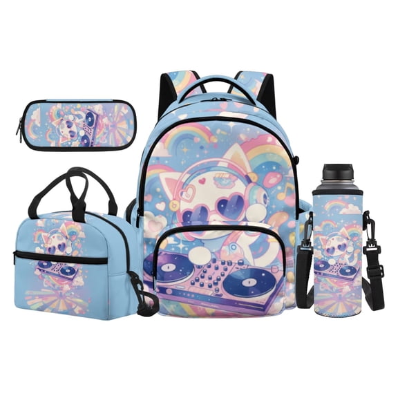 Yspwyqan Backpack Set with Lunch Box Pencil Case Girls, 17 Inch 600D Polyester Lightweight Bookbags Large Capacity Musical Rainbow Cat Bag for School Elementary Middle