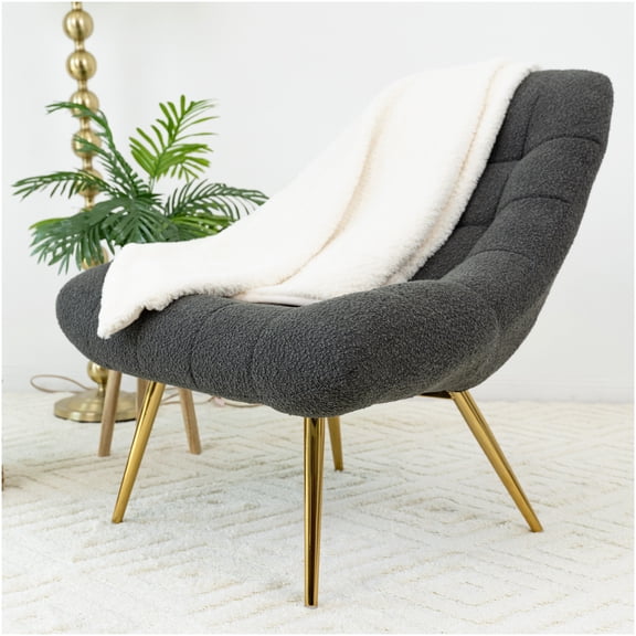 Grey Boucle Fabric Lounge Chair, Mid-Century Modern Accent Chair for Living Room