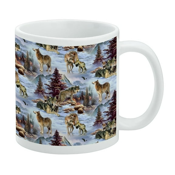 Wolf Pack Baby Wolves Snow Mountains Pattern White Mug