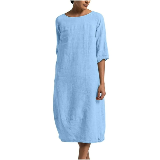 CHOK Robe en Coton et Lin pour Femmes Manches Mi-Longues Midi Décontractée Grande Taille Tunique Robe Ample Col Rond Longue