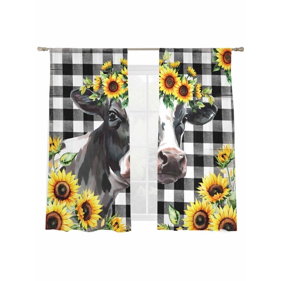 Cow Sunflower Sheer Curtains 72 Inch Long 2 Panels, Plant Farm Flower Black White Check Light Filtering Rod Pocket Semi Sheer Curtains, Sheer Voile Drapes for Living Room Bedroom, 52"x72"