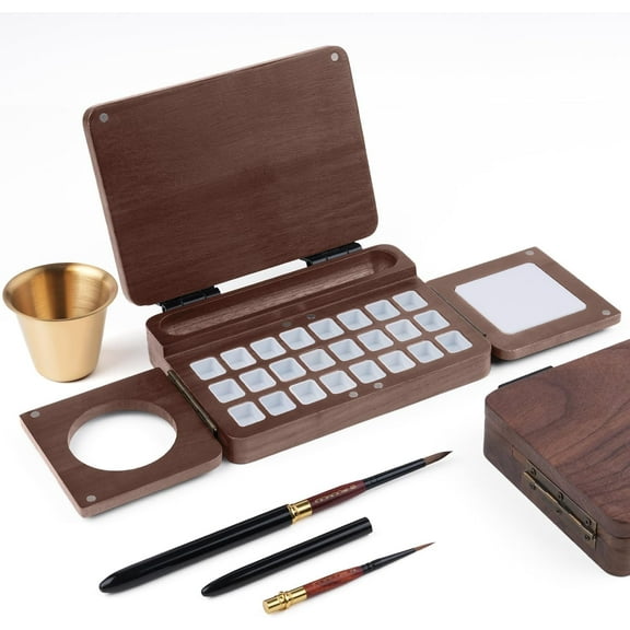 Portable Watercolor Palette, Travel Watercolor Palette 24 Grids Foldable with 2pcs Sable Travel Watercolor Brushes, Portable Walnut Wood Palette Box for Plein Air Painting