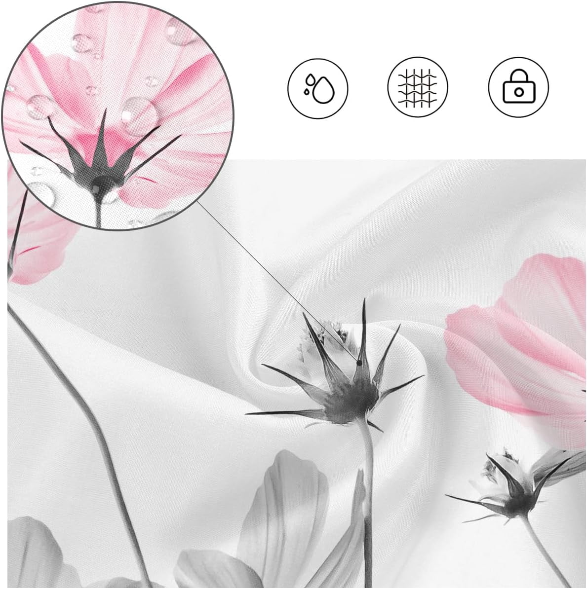 Pink Gray Flower Shower Curtain 72''''W x 72''''L White Grey Daisy Floral Ink Painting Botanical Simple Elegance Bathroom Curtains Polyester Fabric 12 Pack Plastic Hooks