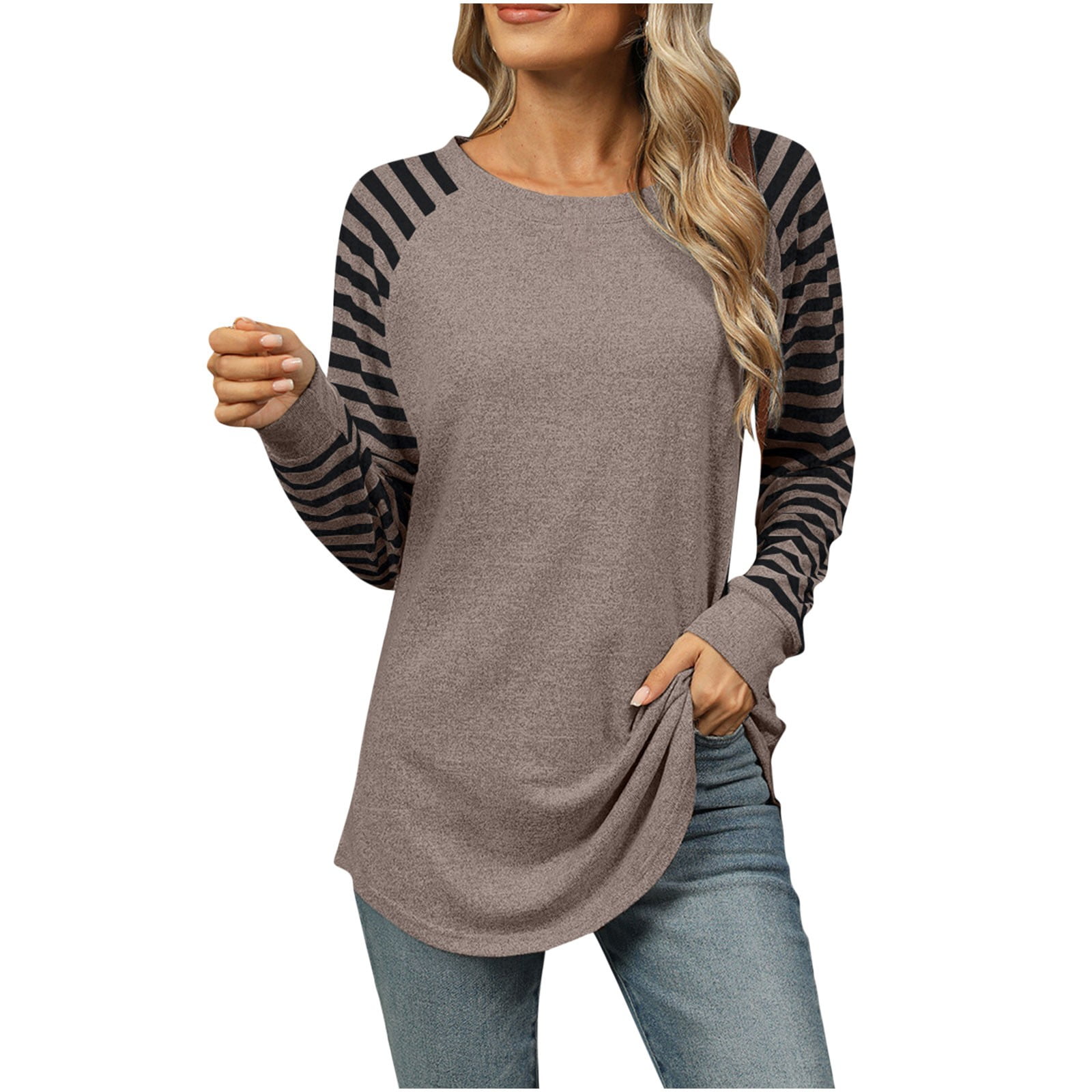 Zekutng Womens Tops Long-Sleeve, Long-Line Striped Raglan Crewneck