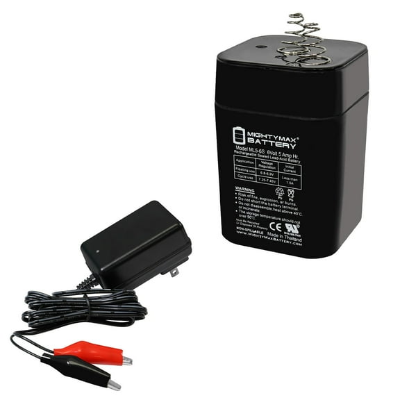 ML5-6S -6 Volt 5 AH, Spring S2 Terminal, Rechargeable SLA AGM Battery Includes 6V Charger