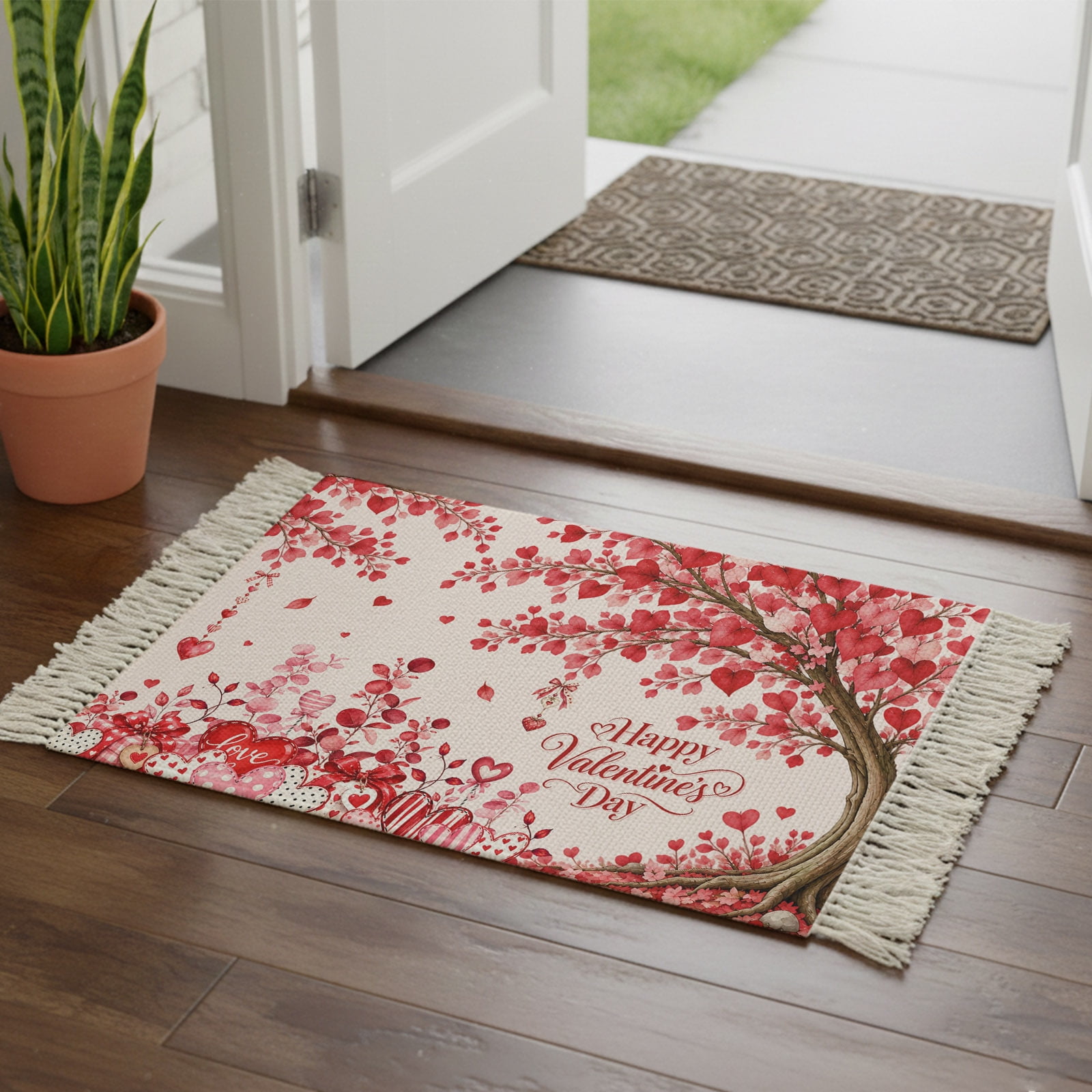 Kitchen Runner Rugs Romantic Heart Tree 2 x3 Throw Rug with Tassels Valentine Sweetheart Light Pink Washable Soft Floor Carpet Runner for Hallway Bedroom Bathroom Laundry Room